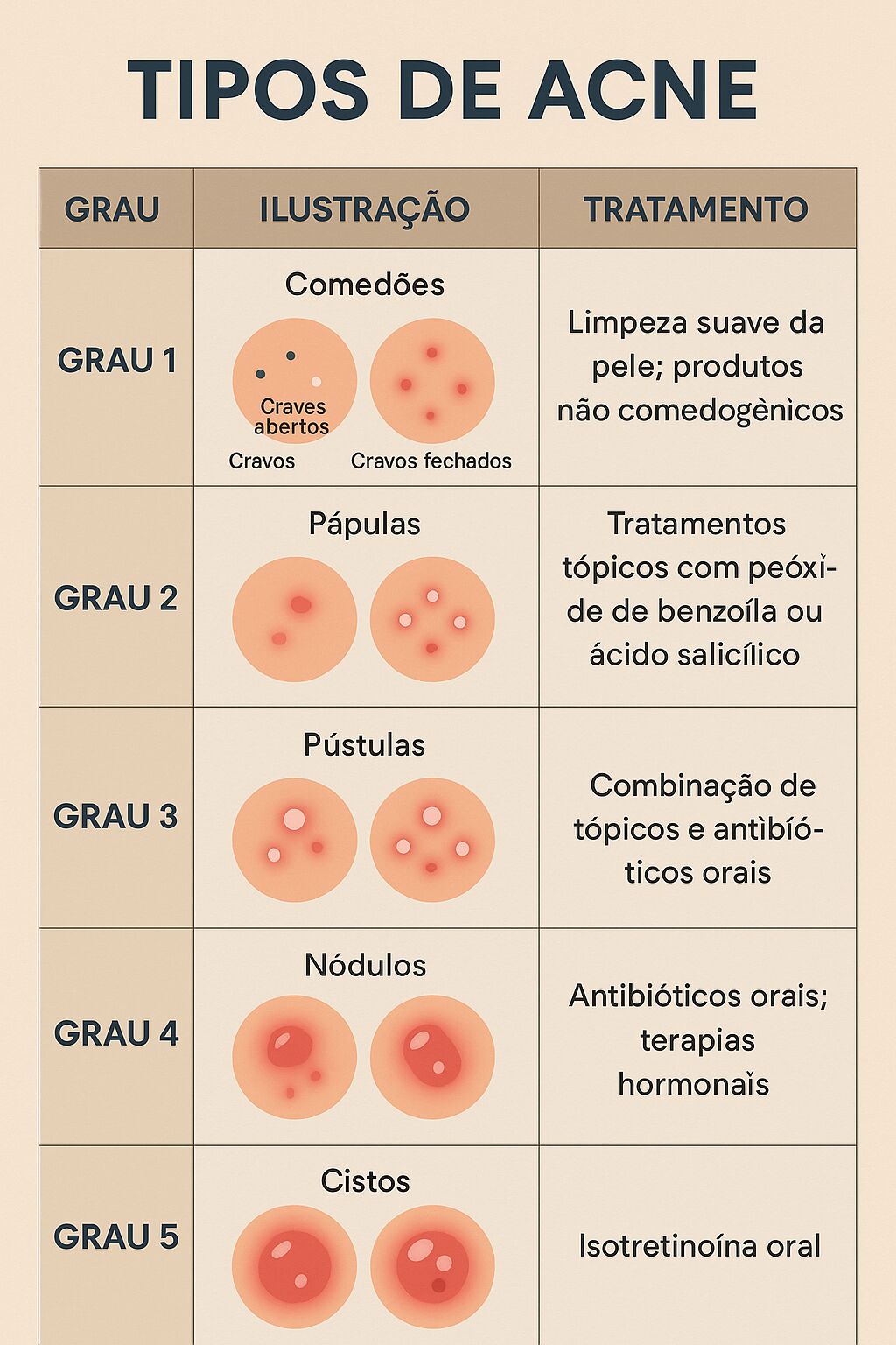 Tabela sobre tipos de acne e tratamentos correspondentes.