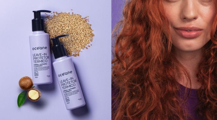 Imagem dividida com frascos de leave-in protetor térmico para cabelo cacheado ao lado de modelo ruiva com cabelo cacheado