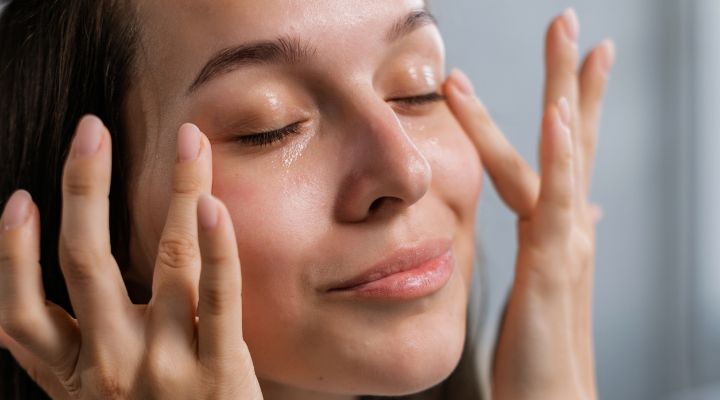 Mulher aplicando produto facial com as mãos