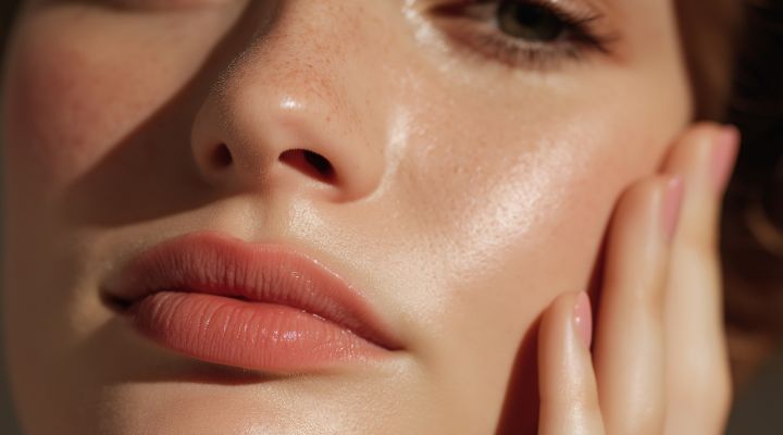 Close-up de rosto feminino com pele iluminada