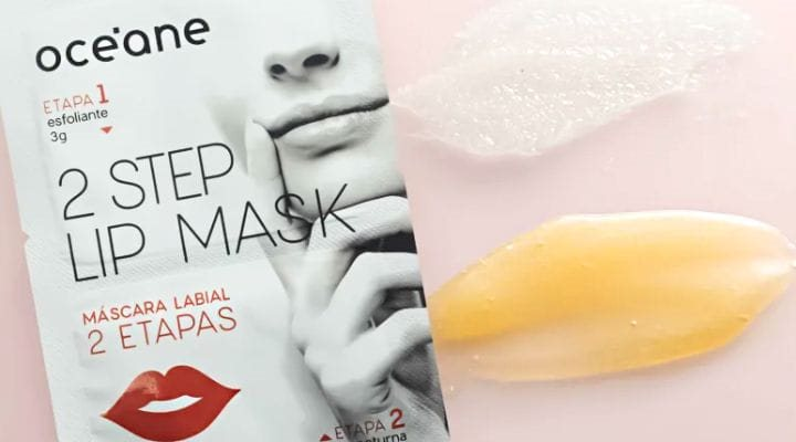 Embalagem de máscara labial de duas etapas: esfoliante e hidratante mostrando suas texturas lado a lado
