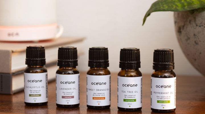 Imagem dos óleos essencias de lavanda, tea tree, eucalipto, laranja doce e hortelã pimenta.