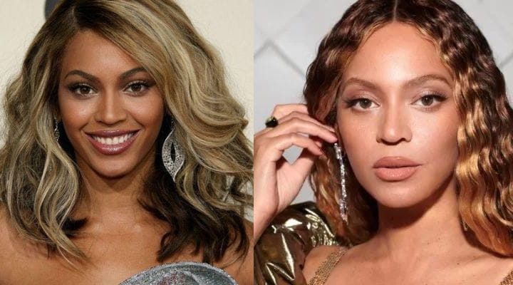 Uma foto da Beyoncé com um tom de cabelo loiro acinzentado e outra com um tom de cabelo cobreado. 