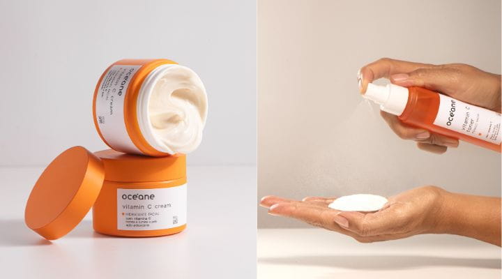 Foto de dois produtos da linha Vitamina C Pura, o tônico e o creme facial.