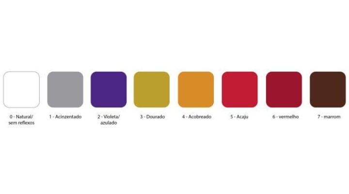 Imagem de uma tabela de cores (nuances) e reflexos que dá para usar no cabelo.
