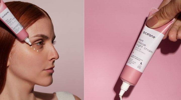Foto de uma modelo aplicando o creme para a área do olhos com óleo de rosa mosqueta.