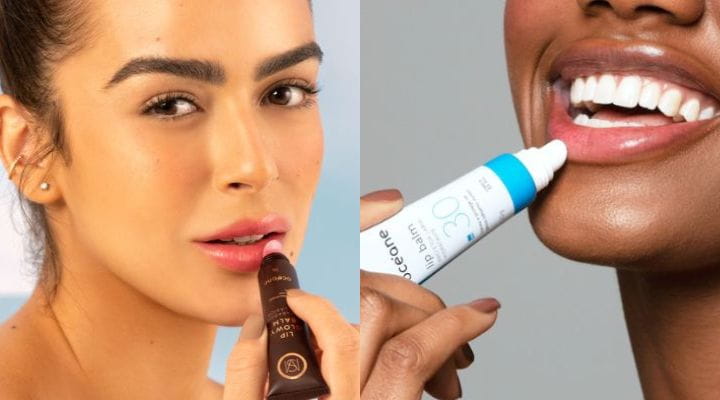 Mari Saad usando o lip glowy balm e uma modelo usando o hidratante labial com proteção solar da Océane.