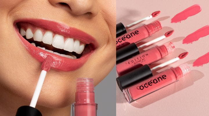 Foto de uma modelo usando o gloss rosado da Océane linha Edition.