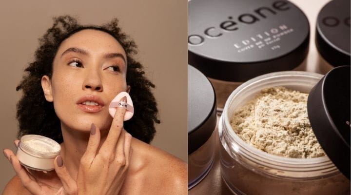 Foto de um modelo aplicando com a esponja da Océane o pó solto translúcido.