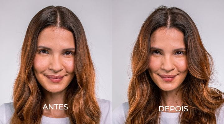 modelo com antes e depois do uso do shampoo a seco