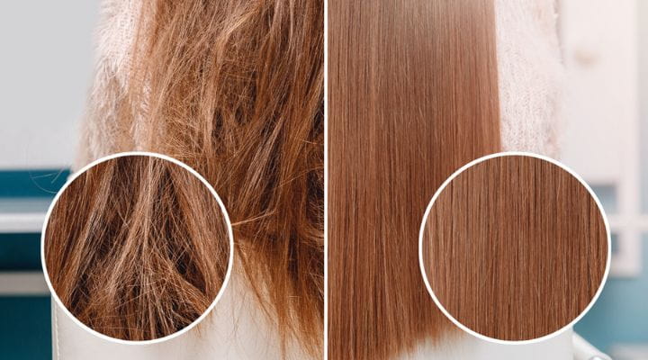 duas imagens com comparativo de cabelo com cortes químico e outro saudável