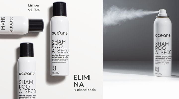 três embalagens do shampoo a seco do lado esquerdo e uma do lado direito sendo acionada