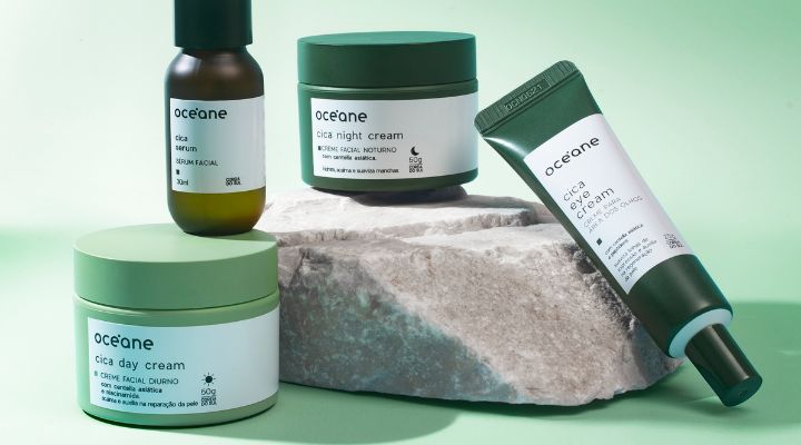 kit de produtos com centella asiática sobre uma pedra