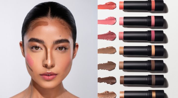 modelo e varias cores de maquiagem ao lado