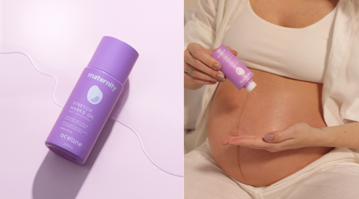 modelo passando produto para gravida na barriga