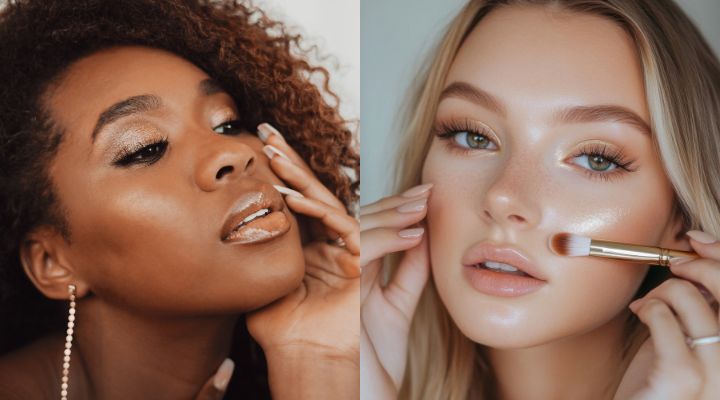 Duas mulheres com maquiagem brilhante e glow na pele