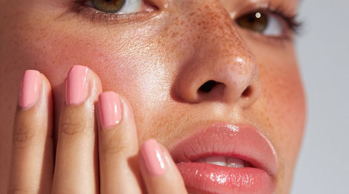 Mulher com pele radiante e unhas rosas