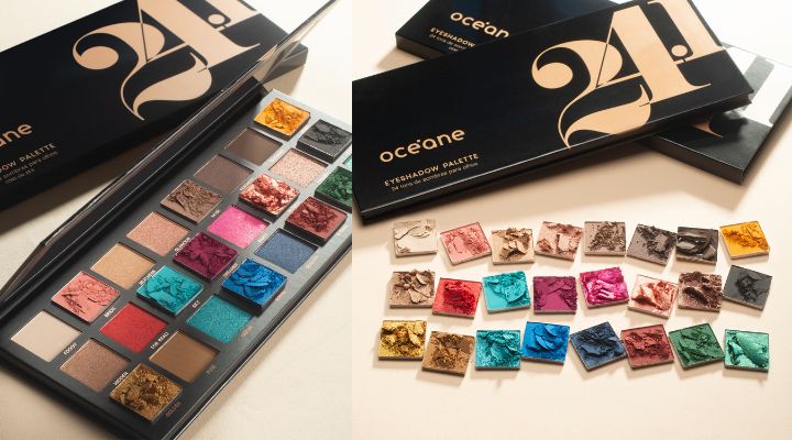 Paleta de sombras Oceane com diversas cores vibrantes.