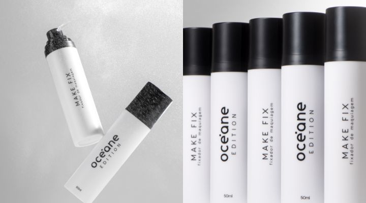 Produtos de beleza da Oceane Edition em fundo claro.