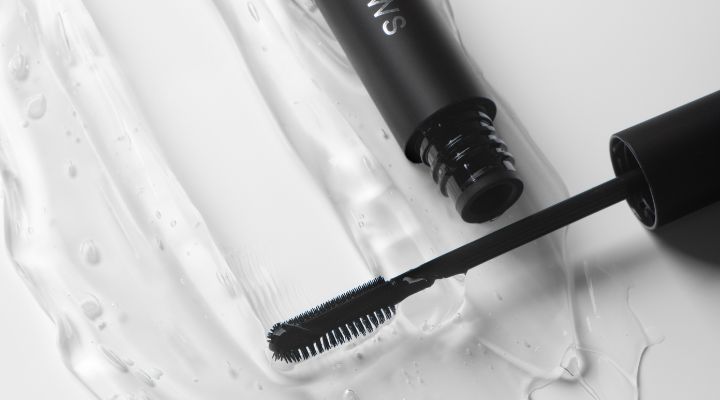 Rímel preto com aplicador ao lado de gel