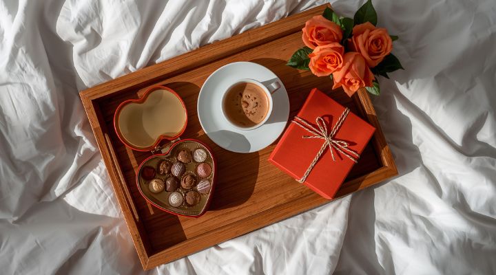 Café e chocolates em bandeja de madeira