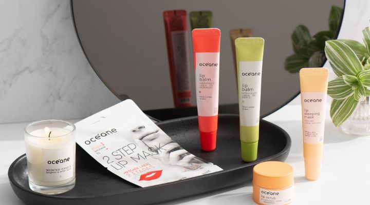 Produtos de beleza para cuidados labiais da Oceane