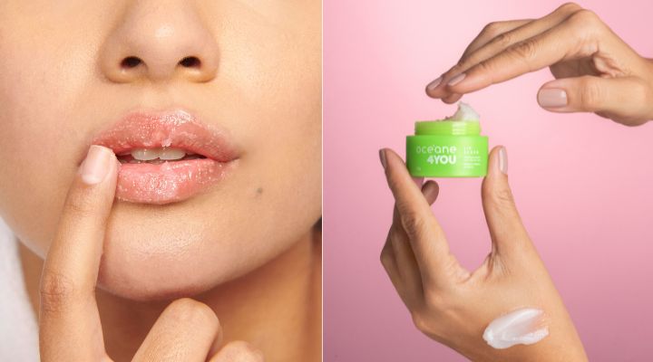 Mulher aplicando creme hidratante nos lábios.