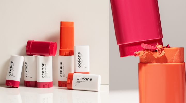Produtos de maquiagem Oceane em embalagens coloridas