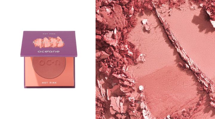 Blush Oceane Hot Pink em embalagem e pó solto