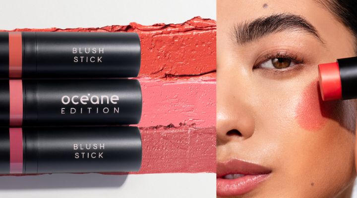 Três blush sticks da Oceane em aplicação facial.