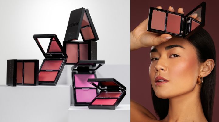 Paletas de blushs em tons variados com modelo usando