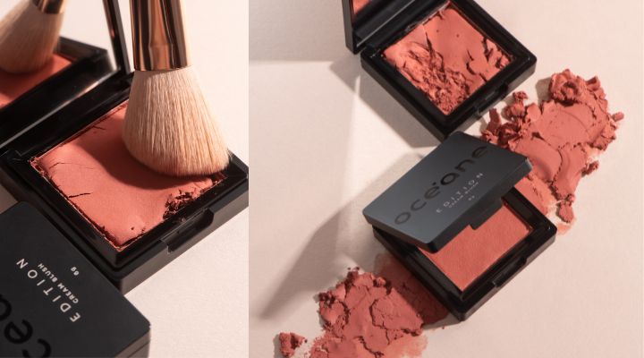 Blush em pó com pincel e embalagem da marca Oceano