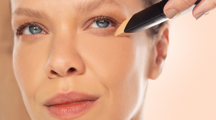 Aplicação de corretivo sob os olhos de uma mulher