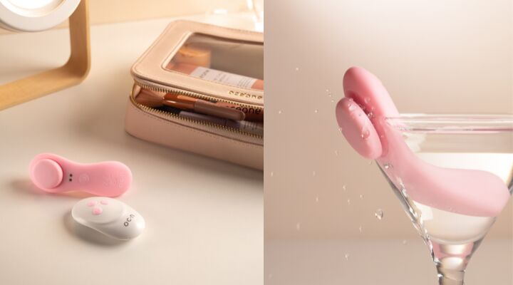 Brinquedos íntimos rosa sobre mesa e na água