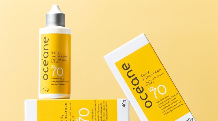 Protetor solar facial Oceane FPS 70 em embalagem amarela.