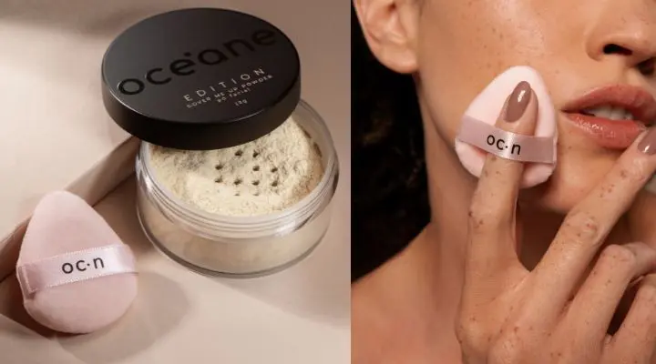 Pó facial Oceane com esponja de maquiagem.